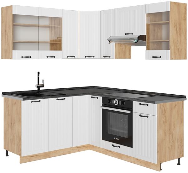Eckküche Fame-Line Weiß Landhaus/Goldkraft Eiche 190 x 160 cm ohne Arbeitsplatte Vicco