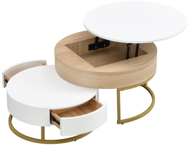 HAUSS SPOLE Couchtisch 2er-Set hochklappbare Couchtisch mit zwei Schubladen Weiß und natur (2-St, 2 Schubladen), mit goldenen Metallrahmen, ausziehbarer Tischplatte