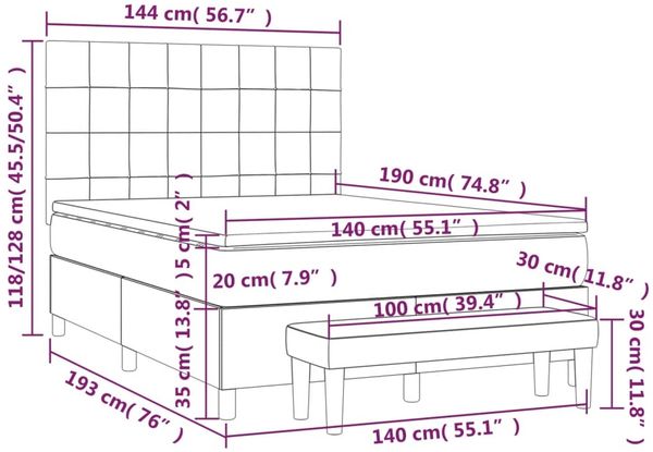 vidaXL Boxspringbett mit Matratze Stoff Dunkelbraun 140x190 cm, Härtegrad: H2 [3137152] Bild 8