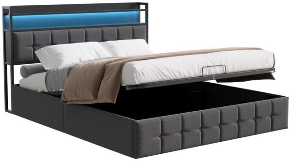 PXloue Polsterbett LED hydraulisches Doppelbett (inkl. Hydraulisch anhebbarer Bettstauraum), mit USB-Laden und Stauraum am Kopfteil,Leinen,140x200 cm