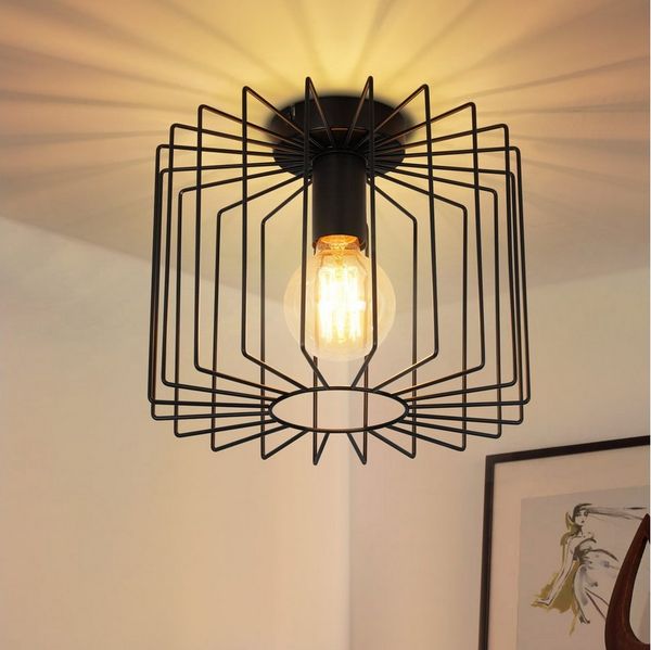 Nettlife Deckenleuchte Vintage E27 Schwarz Käfig Deckenlampe 27CM Metall Retro Flurlampe, LED wechselbar, Industrial Deckenbeleuchtung für Küche Schlafzimmer Balkon Eingang