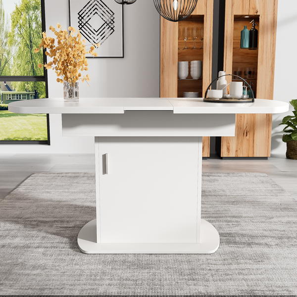 Ausziehbarer ovaler Esstisch 110/130x70x75 cm, weiß mit silbernem Griff