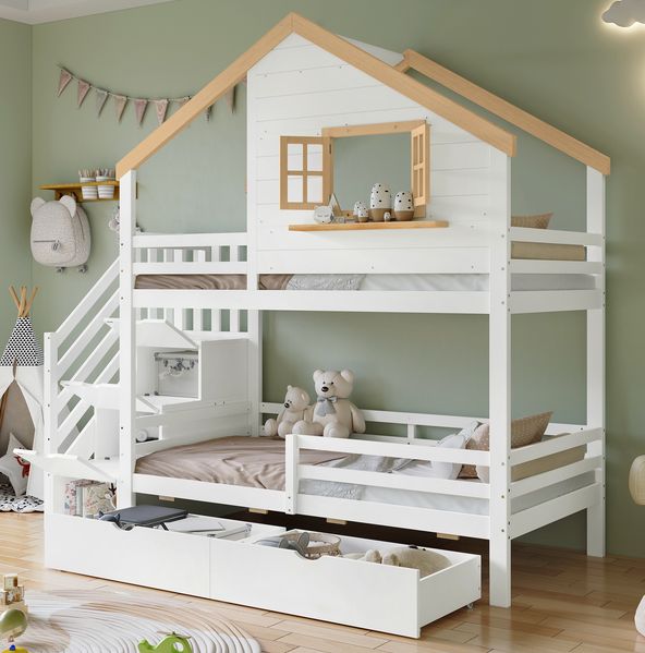 Etagenbett aus Kiefer und MDF mit Aufbewahrungstreppen, 254 x 95 x 237,5 cm, Weiß+Natur, ohne Matratze