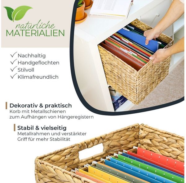 HMF Hängeregistraturbox Aufbewahrungskorb für DIN A4 Hängeregister passend für KALLAX, Korb (Set, inkl. 8 Hängeregister), geflochten aus Wasserhyazinthe mit Griffen 33 x 38 x 32 cm, Natur