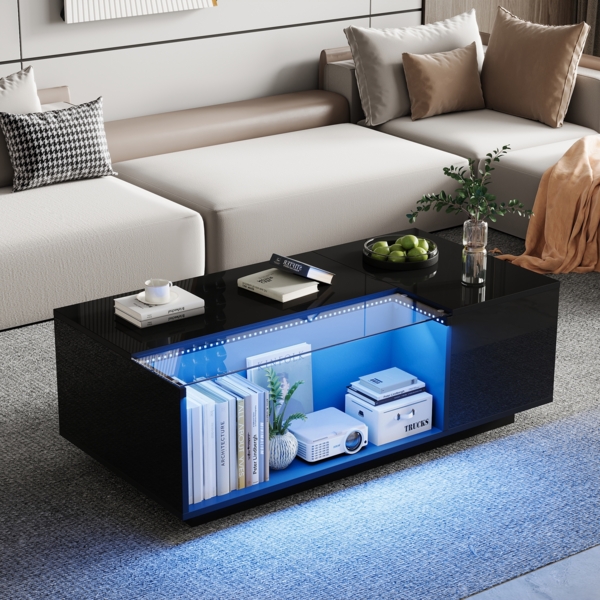 Couchtisch mit led,gehärtetem Glas, schwarzer Hochglanz-Spanplatte, 2 Schubladen