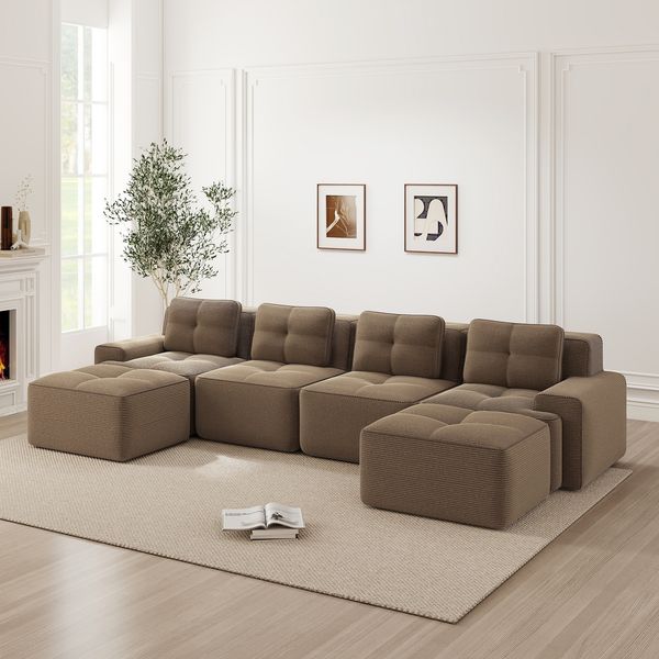 4-Sitzer Wohnlandschaft H 69 x T 382 x B 177 cm aus Cord in Braun, modular, mit 74 cm Tiefsitz
