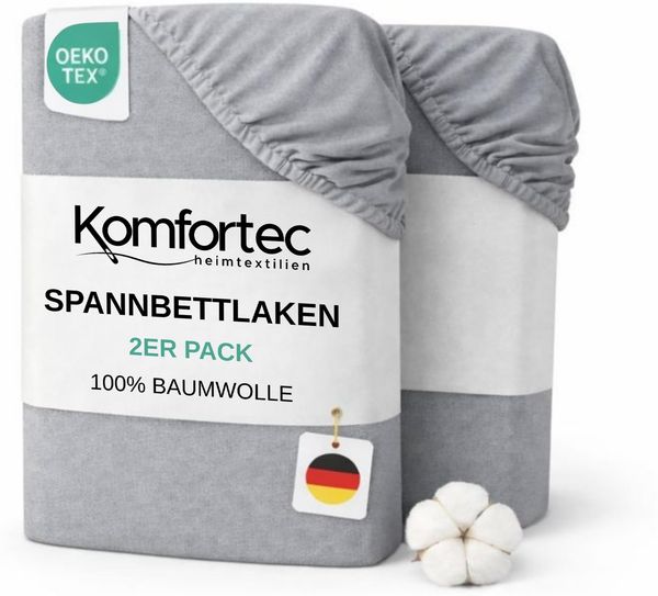 Komfortec Spannbettlaken Jersey 2er Set 100% Baumwolle – 200x200 cm – Weich, Atmungsaktiv & Hautfreundlich – Mit Rundumgummi – Oeko-Tex Zertifiziert – Für Boxspring, Topper & Matratzen – Grau