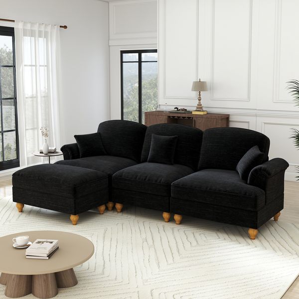 Ecksofa, Chenille mit beweglichem Hocker & abnehmbarem Rüschenrock, Schwarz, 3-Sitzer