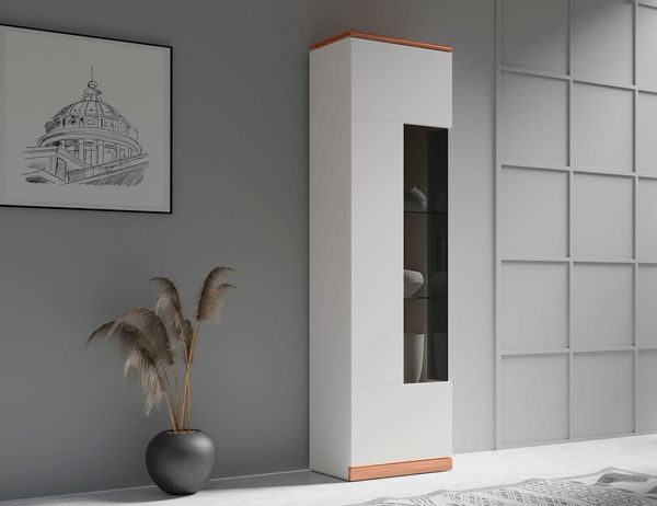OTTO home Vitrine Ribe,180cm hoch,5 Fächer,2 Glasböden variabel einsetzbar Oberplatte Kernbuche massiv,dunkles Glas, schwarze Metall Griffe