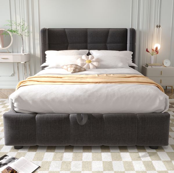 Polsterbett 90x200 cm mit Stauraum und Kopfteil – graues Kinderbett mit Metallrahmen