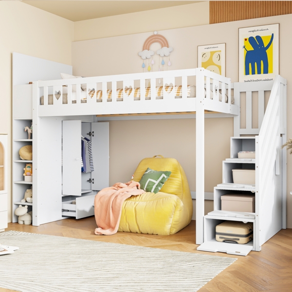 Merax Hochbett, 90*200cm , mit Stauraumleiter, Regale, klappbarer Stauschrank, freier Platz unter dem Bett zum Verkleiden, Geländer in Liebesform, ohne Matratze, Weiß