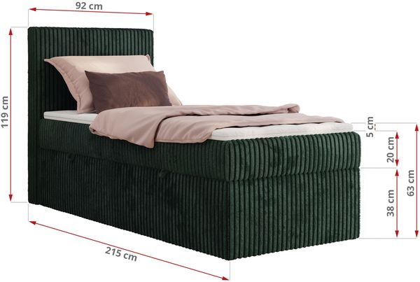 Boxspringbett TILIANO 90x200 Cord inkl. Bettkasten, Einzelbett 7-Zonen Multipocket-Matratze & Topper, Modernes Design mit hohem Kopfteil - Dunkelgrün Cordstoff - H4 - Topper T25 Bild 4
