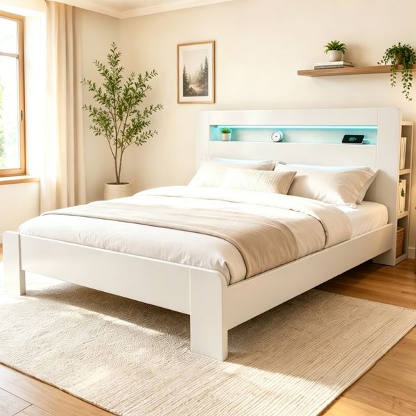 Merax Doppelbett, 180 x 200 cm Holzbett, Bettgestell aus Holz mit Stauraum im Kopfteil, LED-Beleuchtung, integrierten Steckdosen, Plattformbett, Weiß