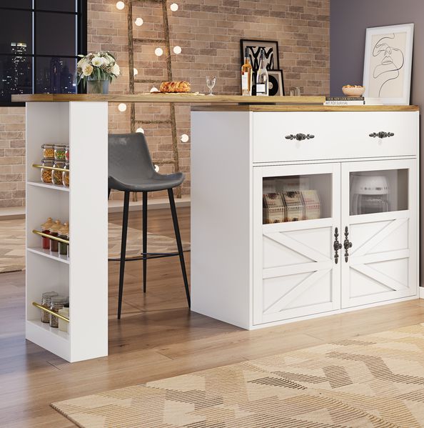 Ausziehbarer Bartisch Weiß mit 360° Drehfunktion, MDF-Tischplatte geprägt, Acryl-Türen, Aluminium-Griffe, Stauraum, 104cmx138-204cmx39cm