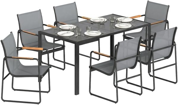 7-teiliges Gartenmöbel-Set für 6 Personen, Glastisch und Netzstühle mit dekorativen Armlehnen, Grau