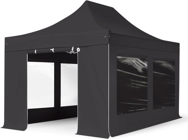 3x4,5 m Faltpavillon, PREMIUM Stahl 40mm, Seitenteile mit Panoramafenstern, schwarz