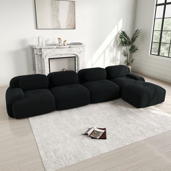 Ecksofa modular,H 75 x T 388 x B 178 cm variabel – Cordsamt schwarz, 4‑Sitzer‑Module, hochelastischer 32D‑Schaum