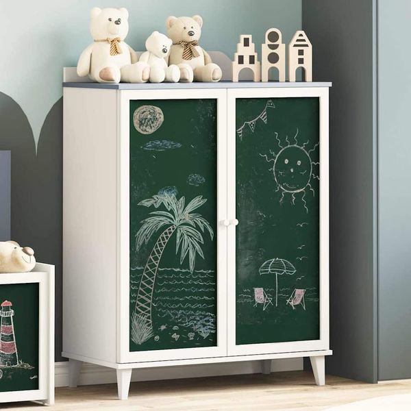 Schrank, Büroschrank, Beistellschrank mit zwei Türen und Tafel-Front ROROS Grau und Weiß