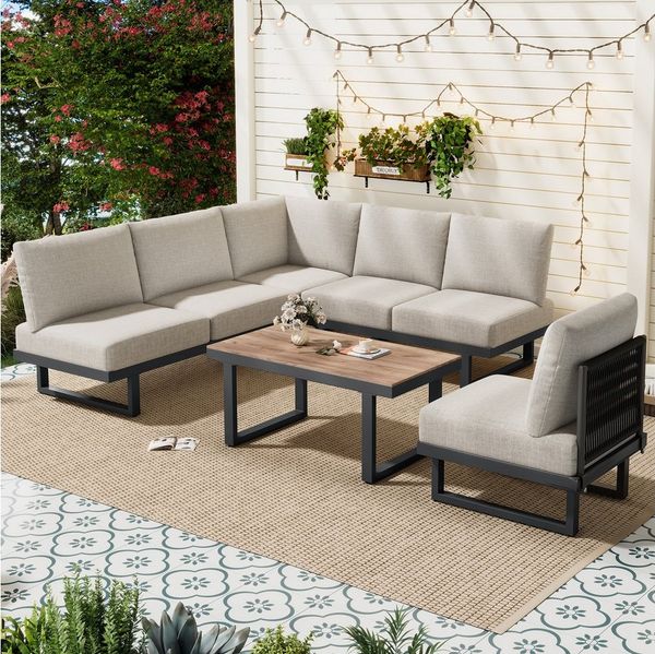 Flieks Gartenlounge-Set, 6-Sitzer Gartenmöbel-Set mit Couchtisch, umwandelbar in ein Liegebett