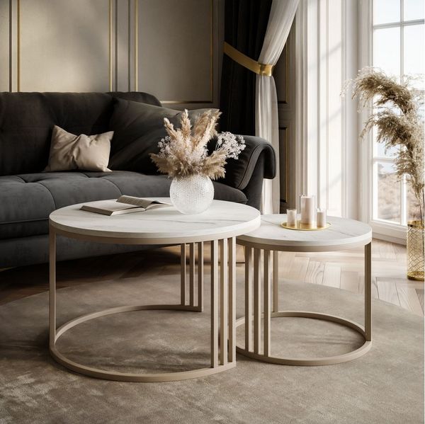 Lookway Couchtisch LORI 2in1 MATT, runder Couchtisch mit kaschmirfarbenem Gestell (2er Set), Durchmesser: ⌀70 cm und ⌀50 cm