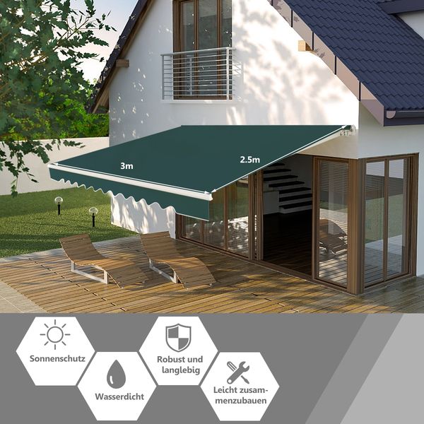 Markise mit kurbel Einziehbare Markise Aluminium Terrassen Sonnenschutz 3 x 2,5 m-Grün