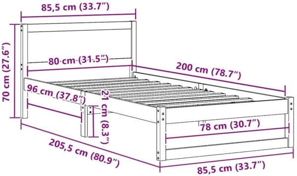 vidaXL Bettrahmen mit Kopfteil Weiß 80 x 200 cm Massives Kiefernholz 873293 Bild 9
