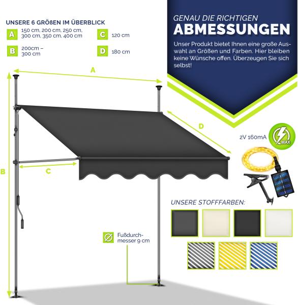 tillvex Klemmmarkise 350 cm Beige mit LED mit Handkurbel Balkon | Balkonmarkise ohne Bohren | Markise UV-beständig & höhenverstellbar | Sonnenschutz wasserdicht Bild 2