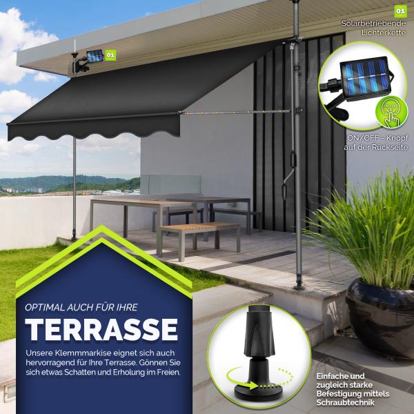 tillvex Klemmmarkise 350 cm Beige mit LED mit Handkurbel Balkon | Balkonmarkise ohne Bohren | Markise UV-beständig & höhenverstellbar | Sonnenschutz wasserdicht Bild 5