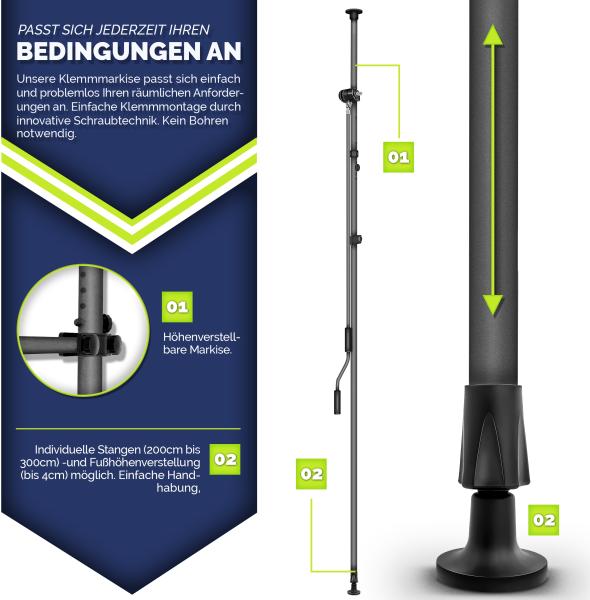 tillvex Klemmmarkise 350 cm Beige mit LED mit Handkurbel Balkon | Balkonmarkise ohne Bohren | Markise UV-beständig & höhenverstellbar | Sonnenschutz wasserdicht Bild 3