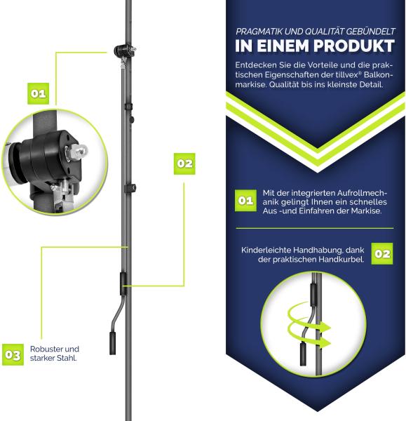 tillvex Klemmmarkise 350 cm Beige mit LED mit Handkurbel Balkon | Balkonmarkise ohne Bohren | Markise UV-beständig & höhenverstellbar | Sonnenschutz wasserdicht Bild 6