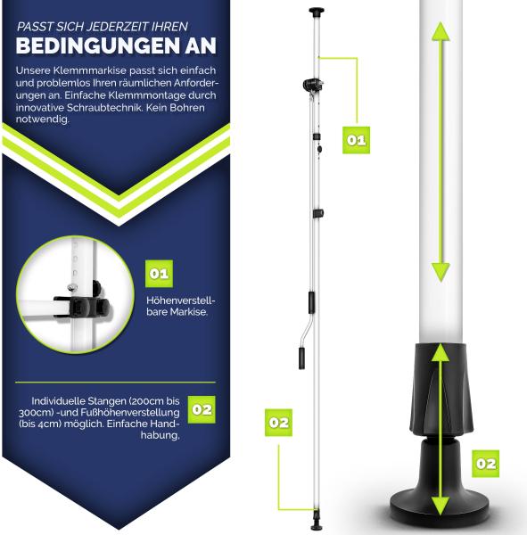 tillvex Klemmmarkise 350 cm Beige mit LED mit Handkurbel Balkon | Balkonmarkise ohne Bohren | Markise UV-beständig & höhenverstellbar | Sonnenschutz wasserdicht Bild 8