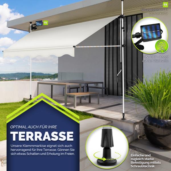 tillvex Klemmmarkise 350 cm Beige mit LED mit Handkurbel Balkon | Balkonmarkise ohne Bohren | Markise UV-beständig & höhenverstellbar | Sonnenschutz wasserdicht Bild 10