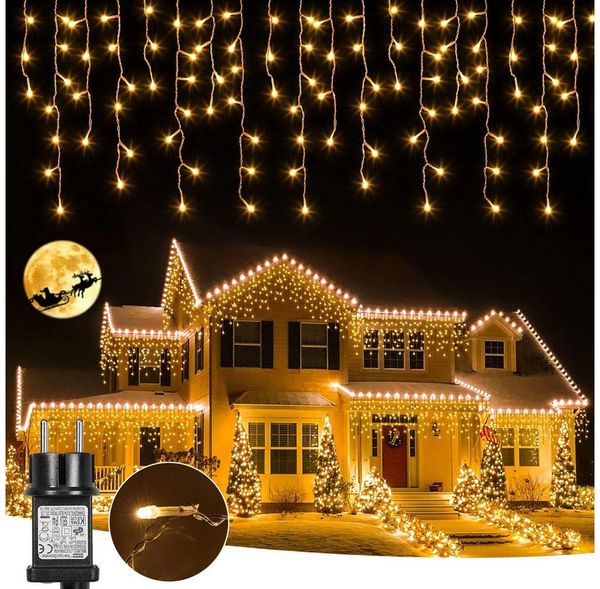 LMaxhome LED-Lichterkette Eisregen Lichterkette für Aussen Flashing Effekt Weihnacht Deko, 400-flammig, 5M/10M/15M Lichtervorhang Speicherfunktion 8 Modi Timer Warmweiß Deko