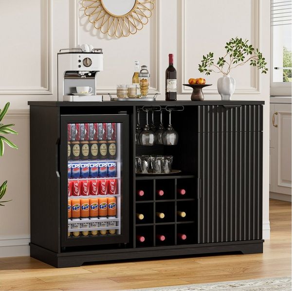 BROTTAR Weinschrank Barschrank mit Kühlschrank inklusive - Weinbar mit Gläserhalter Weinregal Schublade und Stauraum im Riffeldesign