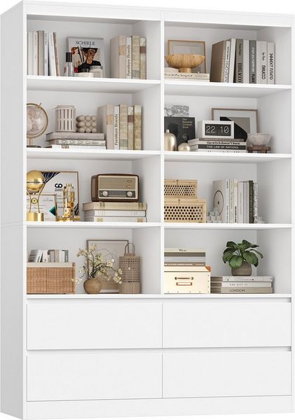 Homfa Bücherregal Hochschrank Standregal Bücherschrank Raumteiler, mit 8 Fächern und 4 Schubladen, 120x30x180cm