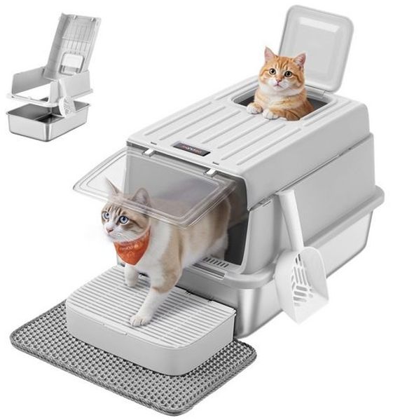 FEANDREA Feandrea Katzenklo Edelstahl, Katzentoilette mit Deckel, Schaufel, Katzenstreumatte und 2 Eingängen, hellgrau