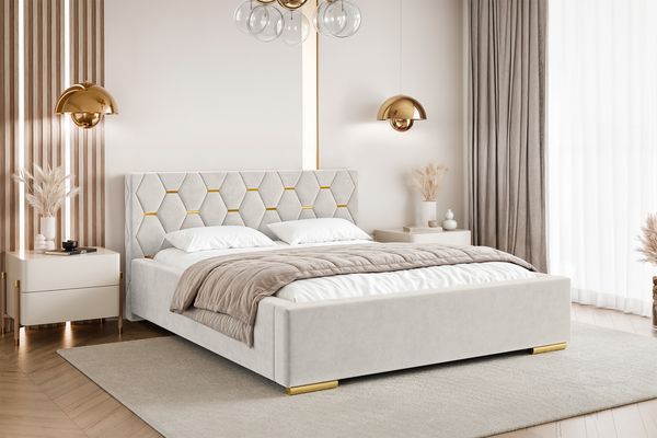 MEBLINI Polsterbett 180x200 mit Lattenrost mit Matratze – VERSAL – Creme Samt – Doppelbett mit Bettkasten - Stauraumbett - Kopfteil Bett mit Stauraum
