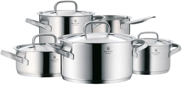 WMF Gourmet Plus Topfset Induktion 5-teilig, Kochtopf Set mit Metalldeckel, Cromargan Edelstahl mattiert, Induktions Töpfe Set unbeschichtet, Innenskalierung