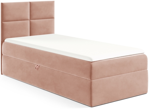 MEBLINI Kinderbett mit Bettkasten MINO 3 90x200 Links – H3/Rosa Samt Gepolstert Einzelbett mit Matratze - Polsterbett mit Stauraum - Bett mit Kopfteil – Stauraumbett