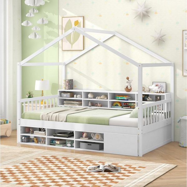 COSTWAY Kinderbett, Hausbett, mit 14 Fächern, Schrank, Lattenrost, 90x200 cm