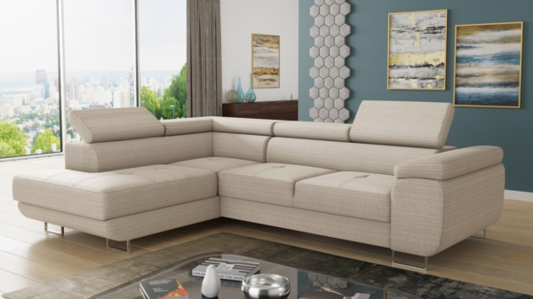 Ecksofa Caris mit Schlaffunktion und einstellbare Kopfstützen, Cord Stoff, Wohnlandschaft mit Bettkasten, Couch, Sofa, Bettsofa (Beige (Poso 100), Ecksofa Links)