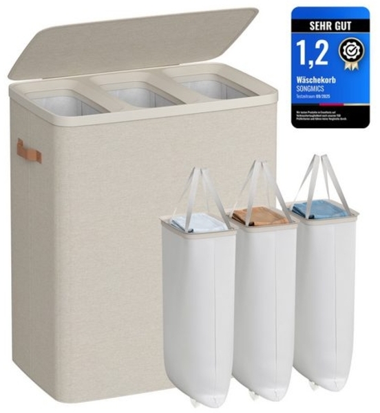 SONGMICS Wäschekorb, 190 L Wäschesammler 3 Fächer, Wäschetonne mit Deckel und Griffen, 64 x 40 x 75 cm, beige