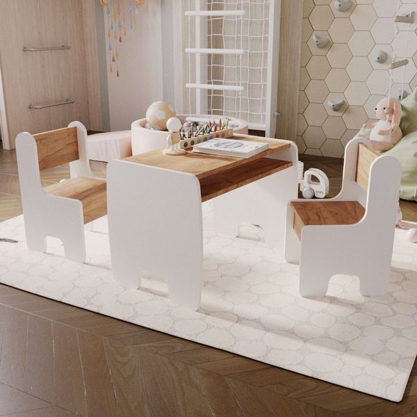 Raumhirsch Furniture Kindertisch Kindertisch & Stühle, Kindermöbelset, Maltisch mit Hocker (Kindersitzgruppe, 3-St, bestehend aus Tisch und 2 Stühlen), Kindgerechtes Design, Stauraum unter Tischplatte, abgerundete Ecken