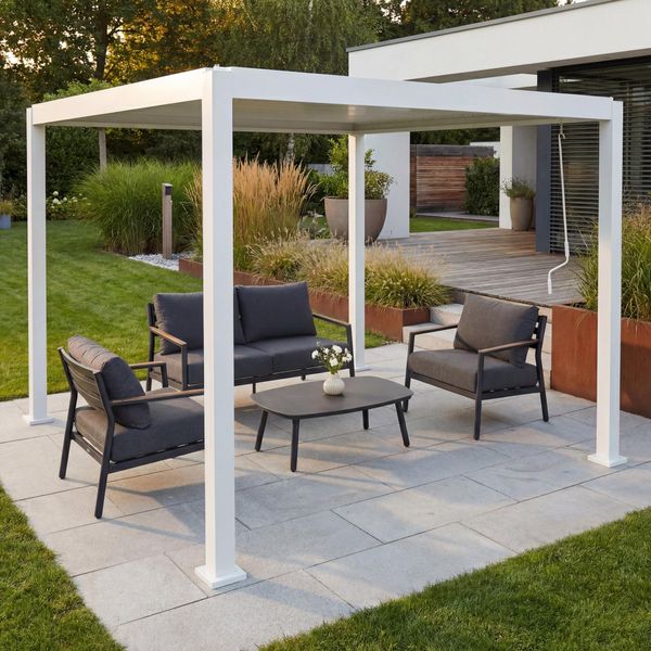 Pergola HWC-P65, Terrassenüberdachung Gartenpavillon Lamellen-Pavillon, 10cm-Aluminium-Gestell 3x3m ~ weiß