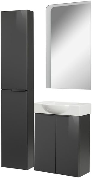 FACKELMANN SBC LUNA Gäste WC Set 4-teilig 55 cm breit, Anthrazit, Waschbecken Keramik Weiß Hahnloch rechts + LED Spiegel + Hochschrank slim