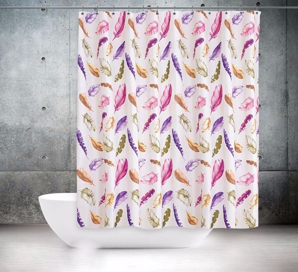 Textil Duschvorhang 180x180 cm weiß bunt Federn inkl. Duschringe