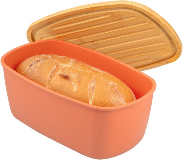 Brotkasten oval mit Bambus-Deckel, Brotbox mit Schneidebrett, Brottopf,rotbraun