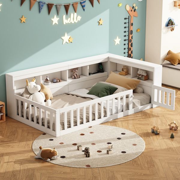 Kinderbett mit Lattenrost und Zaun (90x200 cm), Rausfallschutz, Stauraum, Mehrfachsteckdose, Einzelbett, Jugendbett, Kiefer