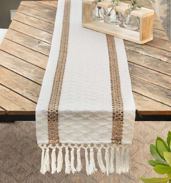 Dekoleidenschaft Tischläufer "Boho" beige, 30x140 cm, Tischband mit Fransen, Mitteldecke