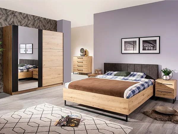 Vente-unique - Kleiderschrank mit Spiegel + 2 Schiebetüren - B. 217 cm - Eichefarben & Schwarz - PHILADELPHIE